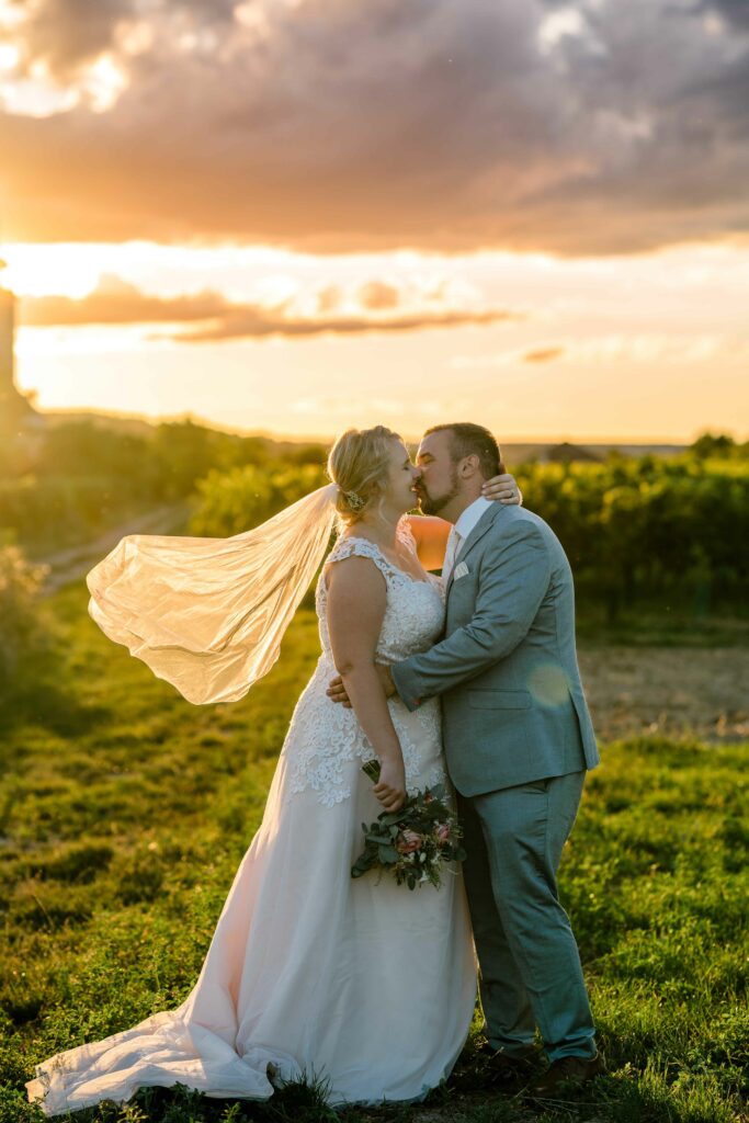 Brautpaar küsst sich mit wehendem Schleier im Weinberg – Sabrina Dötzl Fotografie Hollabrunn